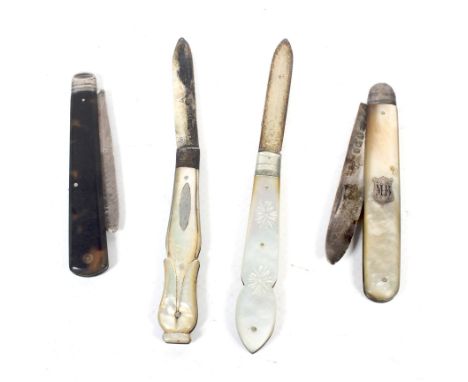 Four Victorian and later silver bladed pocket fruit knives. Comprising one with a tortoiseshell pique mounted handle, Sheffie