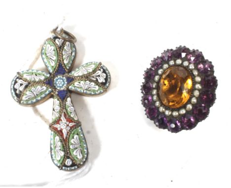 A collection of assorted costume jewellery and a poker-work wood-backed oval hand mirror. The jewellery including; a micro-mo