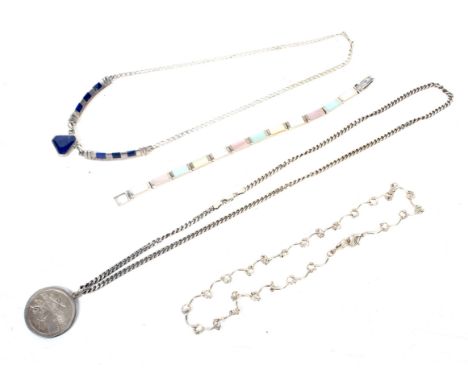 A collection of mostly sterling and 925 jewellery some inset with hard stones. Including a lapis lazuli panel necklace on a l