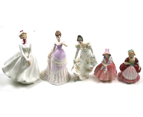 Five porcelain figures of ladies. Including a Royal Doulton 'Mary' and 'Valerie', Royal Worcester 'Emily', etc. Max. H19.5cm 