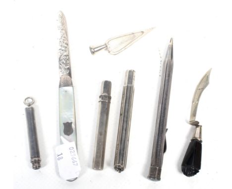 A small collection of silver mounted objects including an 'S Mordan & Co., Sterling Silver' cylindrical propelling pencil. A 