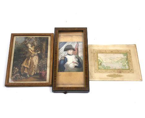 Three 19th century prints. Comprising one of 'The Emperor Napoleon', 19.5cm x 8cm, a scene of a woman picking flowers by G. B