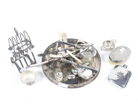 A small collection of silver items and a quantity of silver-plate. Including; a silver backed oval clothes brush with engine 