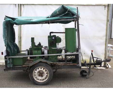 A Lister 'D' single unit stationary engine 110v generator. On a trailer with electric light illumination and cover.