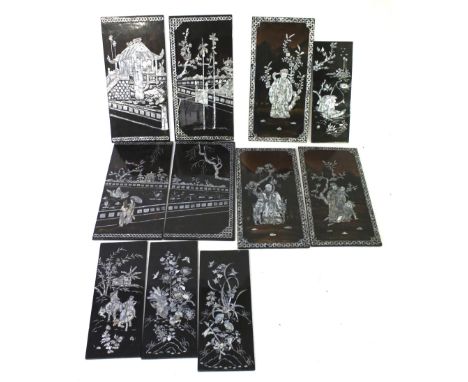 Three multi-panel Chinese mother of pearl and lacquer screens. Two with four panels, one with three panels. Max. 29cm x 60cm 