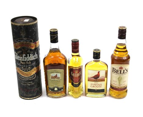 Five bottles of Scotch Whisky. Comprising Glennfiddich, two Famous Grouse, Grants and Bell's. Various size bottles, all seale