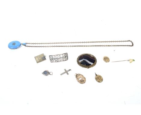 A collection of period costume jewellery and other items including a pale-blue enamelled oval locket with a central half-pear