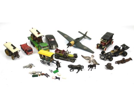 A collection of miscellaneous play worn die-cast toys. To include a Dinky Stuka dive bomber, a Lesney Matchbox Super Kings K-