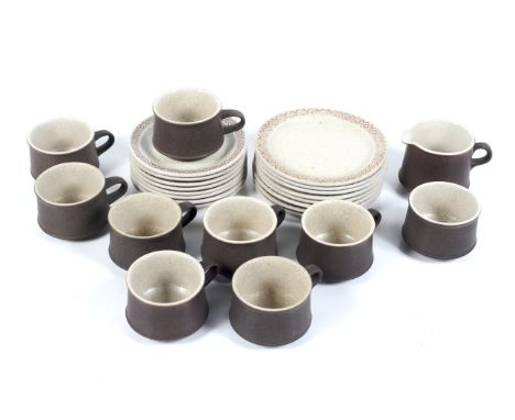 A mid-century Purbeck Studio Pottery 'Brown Diamond' stoneware tea coffee service. Including eight cups, a milk jug, etc. Max
