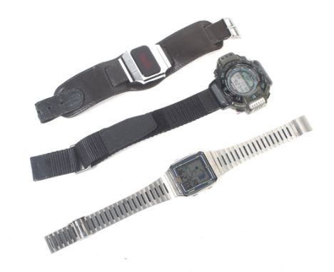 Three gentleman's vintage 'digital' wrist or bracelet watches. Comprising; a late 1970's brushed stainless steel Timex with p