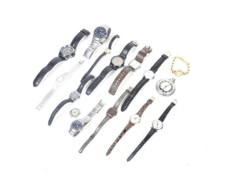 A small collection of bracelet and wrist watches and an Ingersol chrome plated keyless pocket watch. The makes include; Fat F