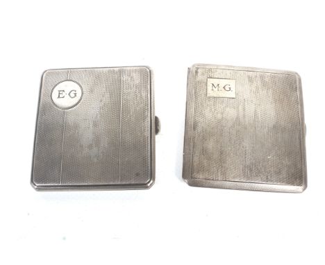 Two silver engine turned square cigarette cases. Each with a reserve engraved with initials, both with hallmarks for Birmingh