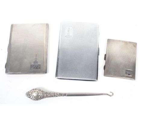 Two silver cigarette cases and other items; comprising; an Art Deco silver engine-turned rectangular cigarette case with a sm