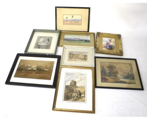 Eight paintings and prints by various artists. To include : Oswald Garside (1871-1942), T Good (1884), Tom Oldham, J Jeben, R