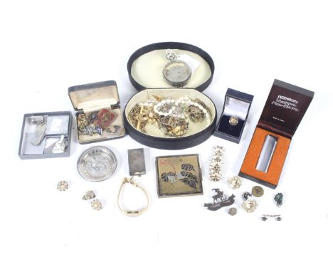 A small collection of costume jewellery and other items. Including a micro-mosaic flower-head brooch, a silver engine turned 