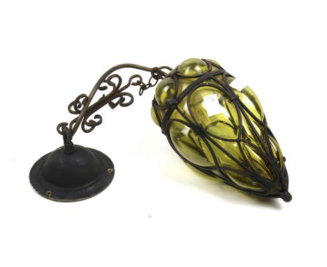 A mid-century Murano style caged green bubble glass light pendant. H23cm