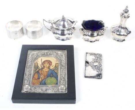 A small group of silver and other objects. Comprising a copy of a Byzantine icon with a border embossed with peacocks and fru