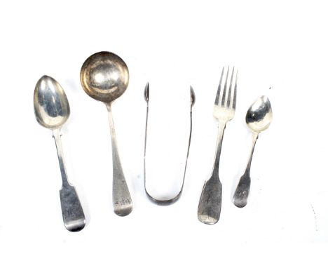 A collection of George III and later silver flatware. Comprising; an old English pattern sauce ladle, engraved with gothic in