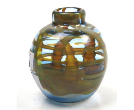 A 1970s studio art glass globular vessel.  With yellow, green and blue colours, signed under 'Ruby 77 Damaica Studio' H8.5 cm