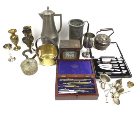 A draughtsman's set in a fitted mahogany case and other objects. The mahogany case marked inside 'A.G. Thornton... Manchester