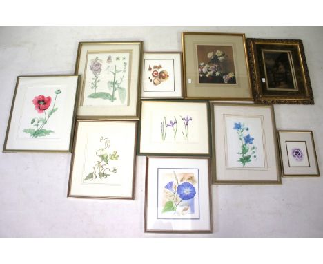 An assortment of paintings and prints. Including multiple floral watercolours signed 'R E Harrott', a signed limited edition 