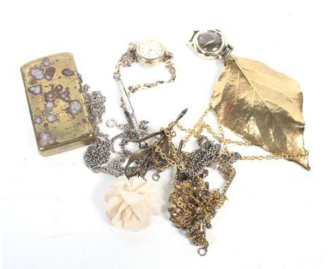 A vintage 9ct gold necklace and a small collection of costume jewellery and watches. The 9ct gold filed-curb necklace on a bo