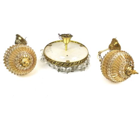 Two vintage ceiling lights and a chandelier. The ceiling lights featuring opaque orange glass and brass and gilt fittings, H4
