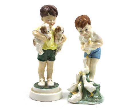 Two Royal Worcester figures of boys by FG Doughty. Including 'All Mine' 3519 and 'Young Farmer' 3433. Max. H19cm