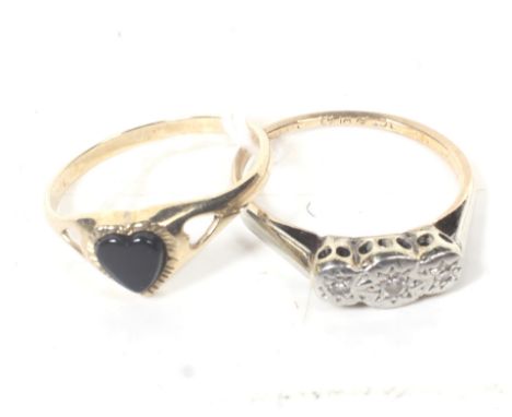 A mid-20th century gold and small eight-cut diamond three stone ring, stamped '18ct & Plat', size L, 1.7g gross; and a 9ct go