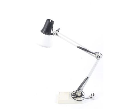 A retro Micromark swing arm adjustable desk lamp. White on a rectangular weighted base. 