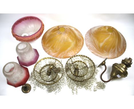 A collection of assorted glass light shades. Including ceiling shades and wall lights. 