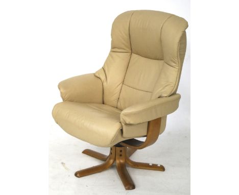 A recliner swivel lounge armchair. Light tan leather on a laminated wood base. 
