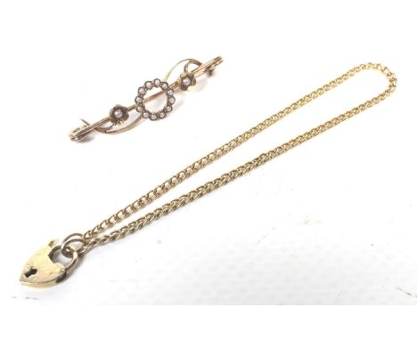 A 9ct gold fine-curb link bracelet and a half-pearl brooch. The bracelet on a padlock clasp with hallmarks for Birmingham 196