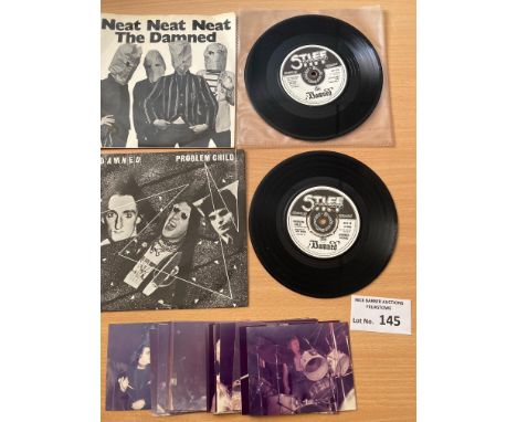 Records: The Damned 2x 7" singles Neat Neat Neat BUY10 and Problem Child BUY18; plus super set of polaroid photos taken at co