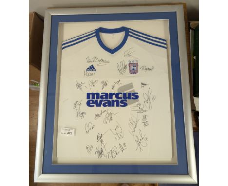 Sports Memorabilia; Football: Ipswich Town Marcus Evans era 2000s signed white/blue away shirt, framed and glazed.