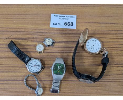 Collectables: Watch assortment, including Timex, Ingersoll, Waltham pocket watch, and others; some damage throughout, some wi