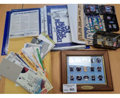 Sports Memorabilia; Football: Ipswich Town collection of various items, including badge sets, cricket and tennis tickets, pos