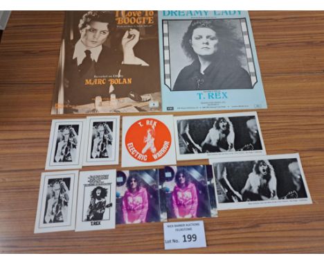 Records; Music Memorabilia: T Rex Marc Bolan collection of rare polaroid photographs, cards, stickers, sheet music, and proof
