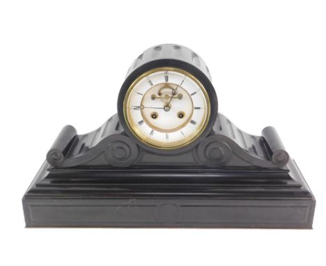 A Victorian slate mantel clock, brass and enamel dial bearing Roman numerals, visible brocot escapement, eight day movement w