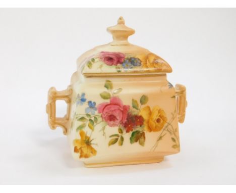A Royal Worcester blush porcelain sucrier and cover, circa 1899, of partially fluted square twin handled form, painted with f