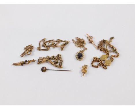 A 9ct gold watch strap, gold chains, a 9ct gold Lincoln Imp pendant, gold and amethyst three stone bar brooch, tie pin and a 