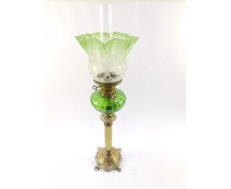 A Hinks's Duplex green glass brass and onyx oil lamp, green glass reservoir with an etched clear to green glass shade, 74cm h