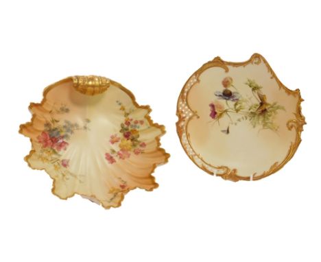 A Royal Worcester blush porcelain scallop shaped dish, circa 1899, painted with sprays of wild flowers, no.1274, together wit