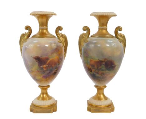 A pair of Royal Worcester porcelain vases painted by H Stinton, with cattle, c1928, of twin handled baluster form, No 1969, p