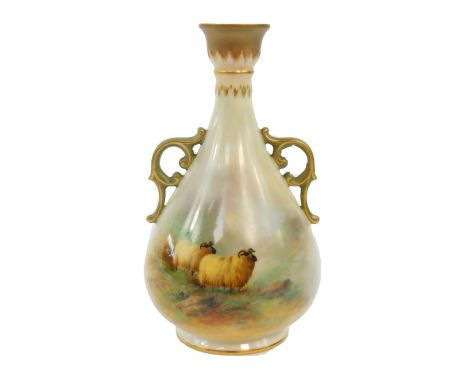 A Royal Worcester porcelain vase painted by E Barker, with sheep, c1911, of twin handled baluster form, G995, 14.5cm high. (A