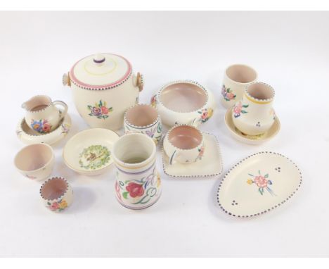 Poole Pottery traditionally decorated with flowers, including vases, a biscuit barrel, bowls, and cups. (qty)
