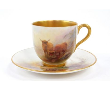 A Royal Worcester porcelain coffee cup and saucer, painted with cattle, by H Stinton, c1926/27, printed marks. (AF)