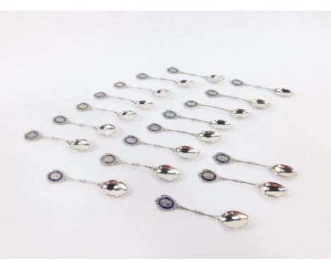 A composite set of eighteen George V and Edward VIII silver and enamel commemorative tea spoons, for the Maidstone Harriers, 