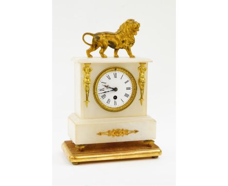 A Victorian white marble and gilt brass mantel clock, circular enamel dial bearing Roman numerals, thirty hour movement, the 