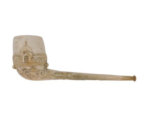 A clay pipe commemorating the Great Exhibition 1862, decorated in bas-relief, with the Exhibition Building, Stephenson's Rock